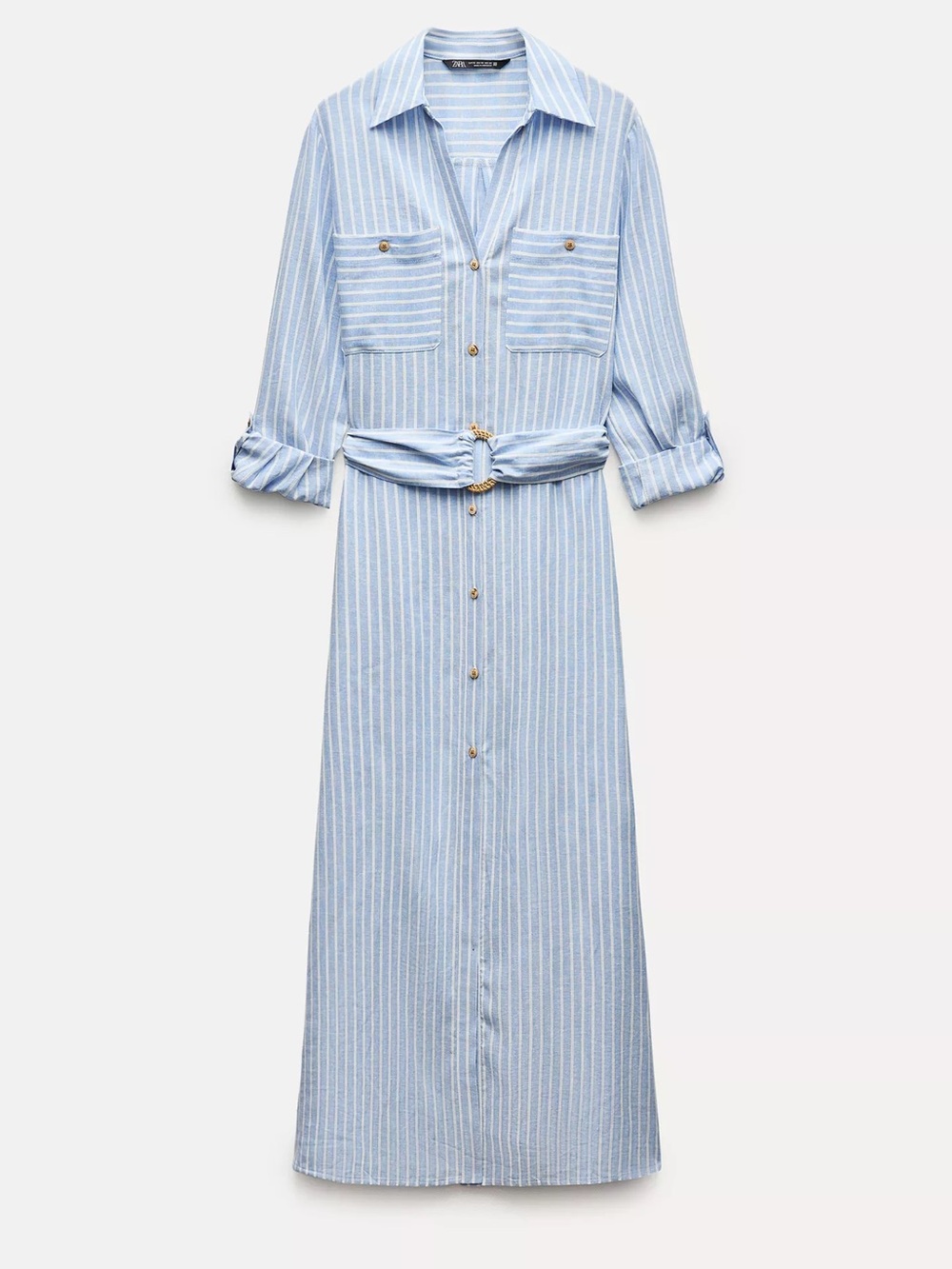 Zara Light Blue Striped Shirt Dress with Belt